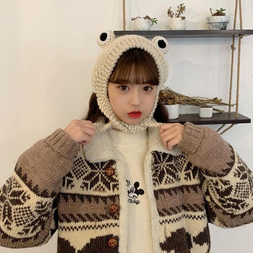 Frog Pom Pom Knit Beanie Hat