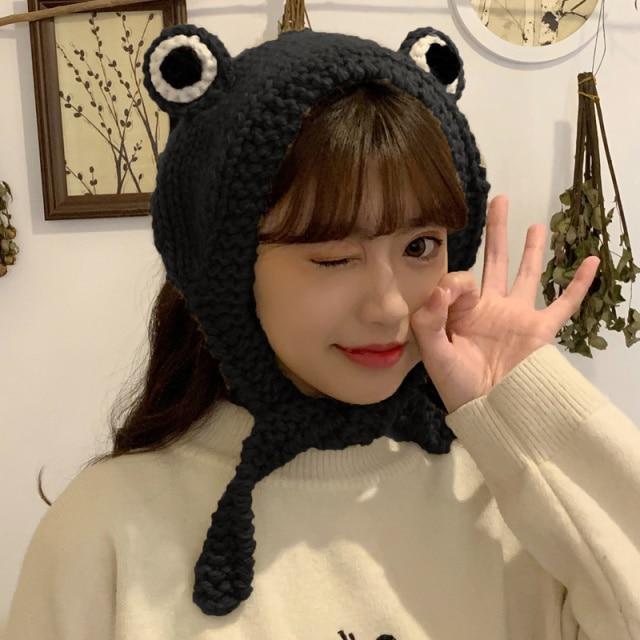 Frog Pom Pom Knit Beanie Hat