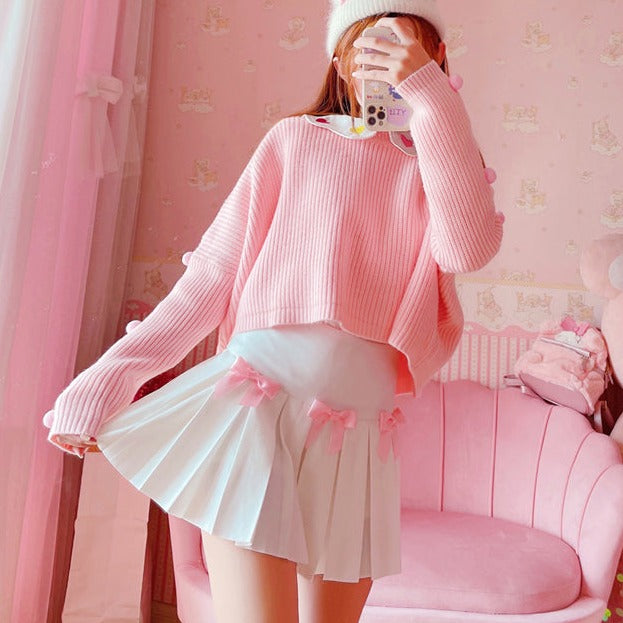 Kawaii Bow White Pleated Mini High-Waist Short Skirt