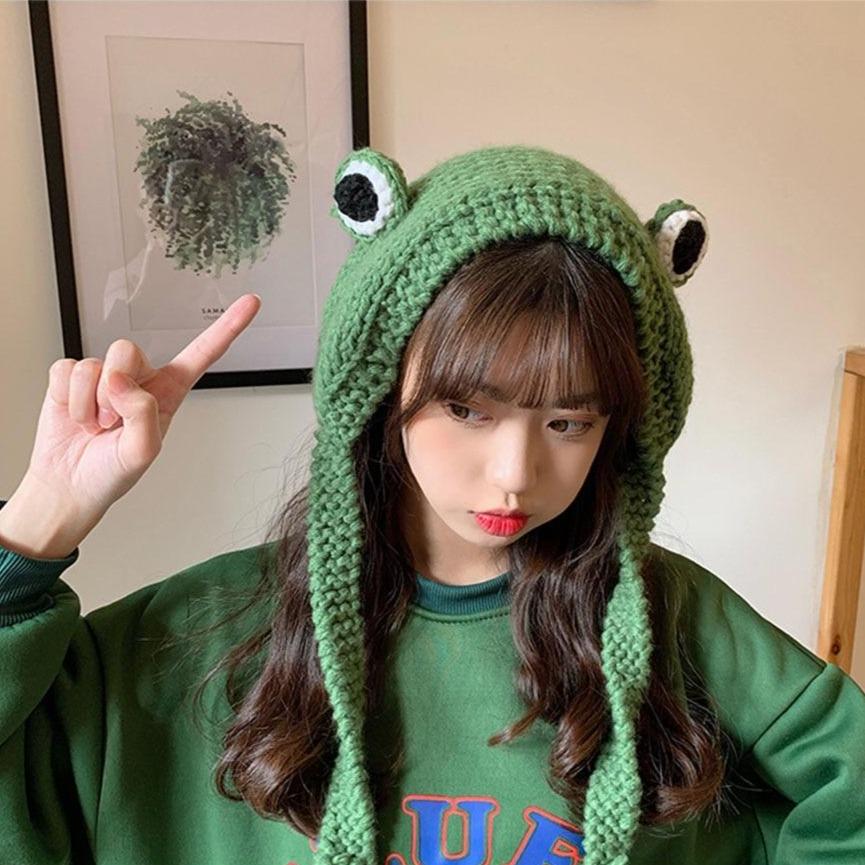 Frog Pom Pom Knit Beanie Hat