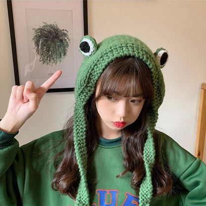 Frog Pom Pom Knit Beanie Hat