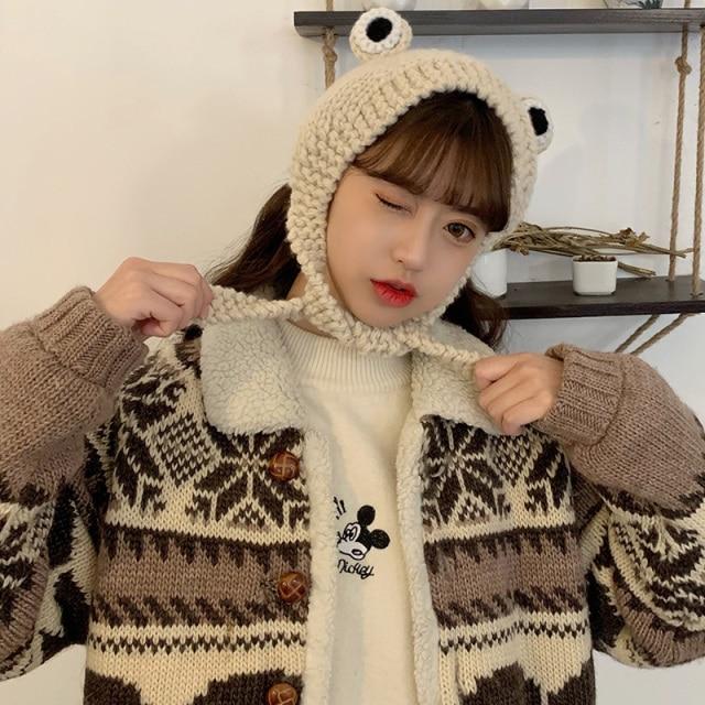 Frog Pom Pom Knit Beanie Hat