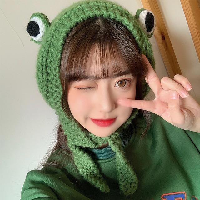 Frog Pom Pom Knit Beanie Hat