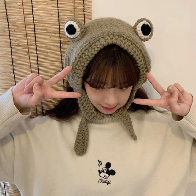 Frog Pom Pom Knit Beanie Hat