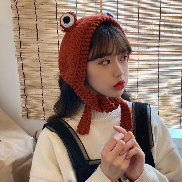 Frog Pom Pom Knit Beanie Hat