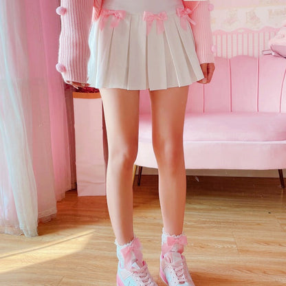 Kawaii Bow White Pleated Mini High-Waist Short Skirt