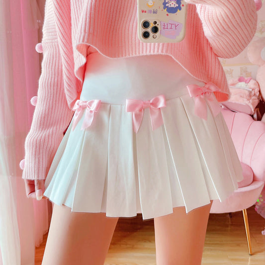 Kawaii Bow White Pleated Mini High-Waist Short Skirt