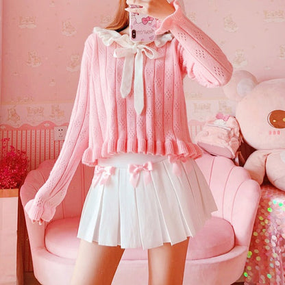 Kawaii Bow White Pleated Mini High-Waist Short Skirt