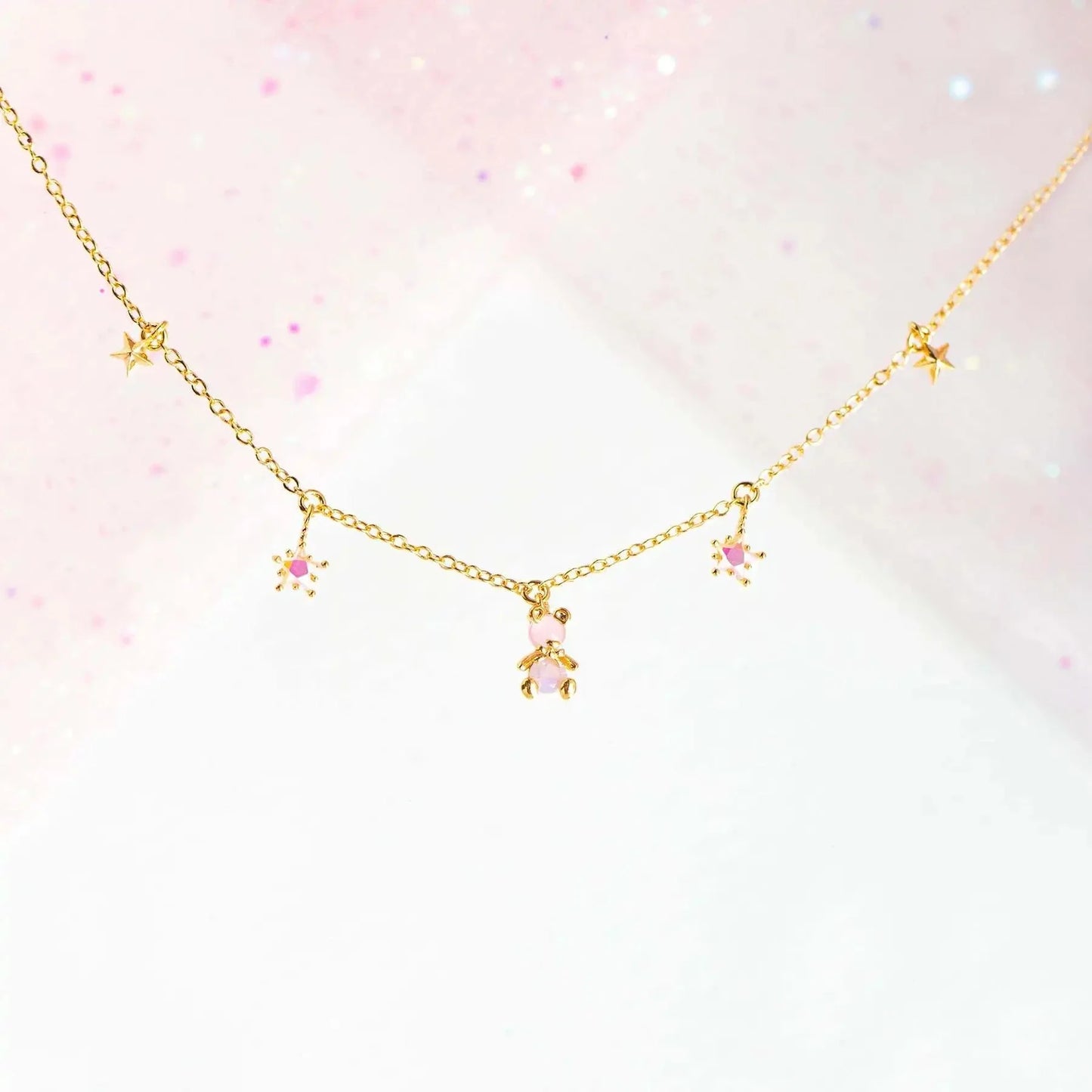 Kawaii Starry Bear Pink Station Necklace