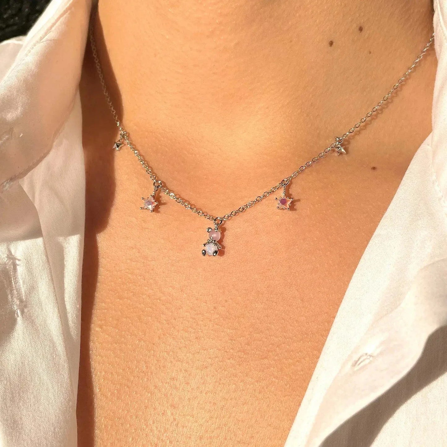 Kawaii Starry Bear Pink Station Necklace